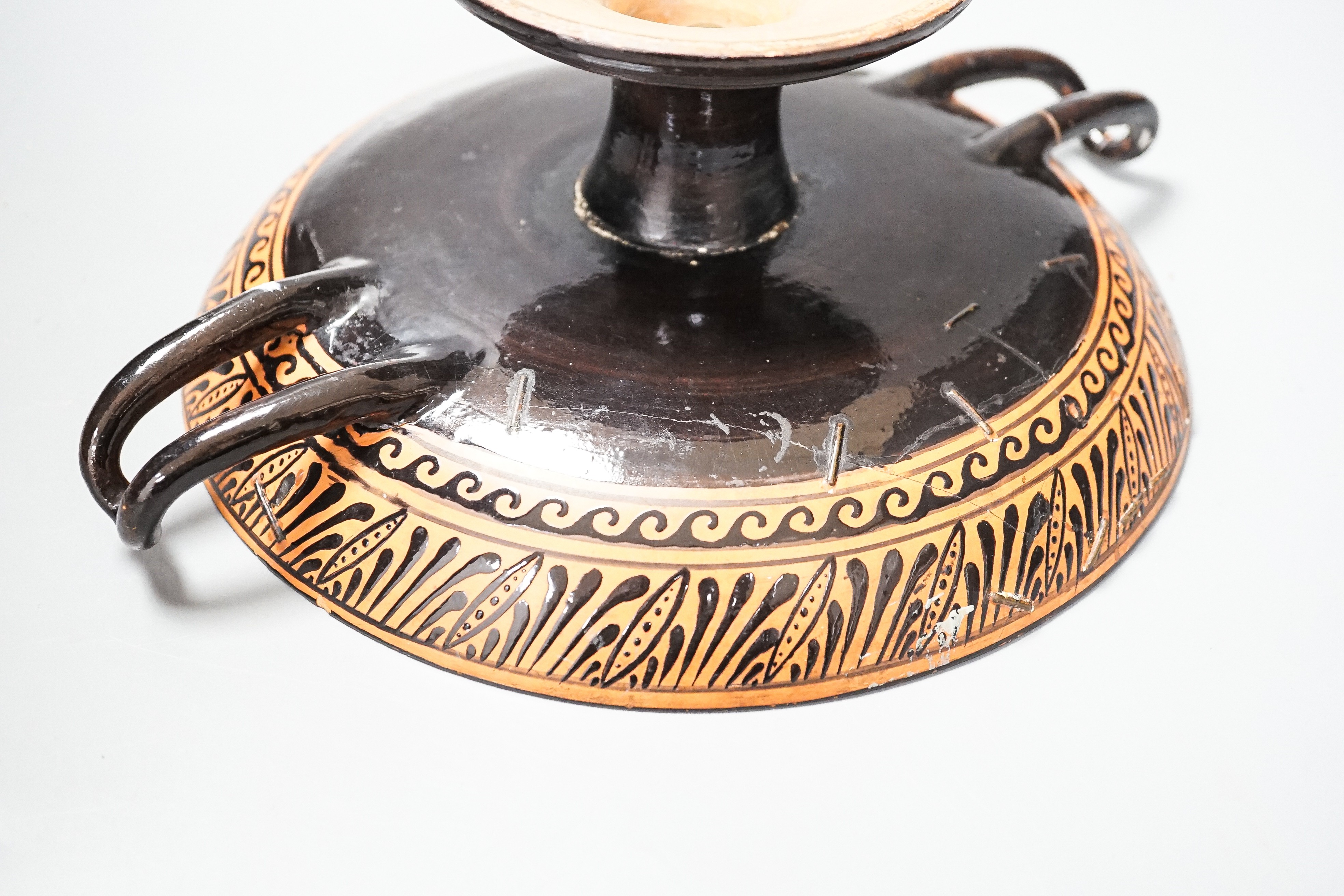 A Greek attic style kylix, a 19th century reproduction, 28cm, repairs